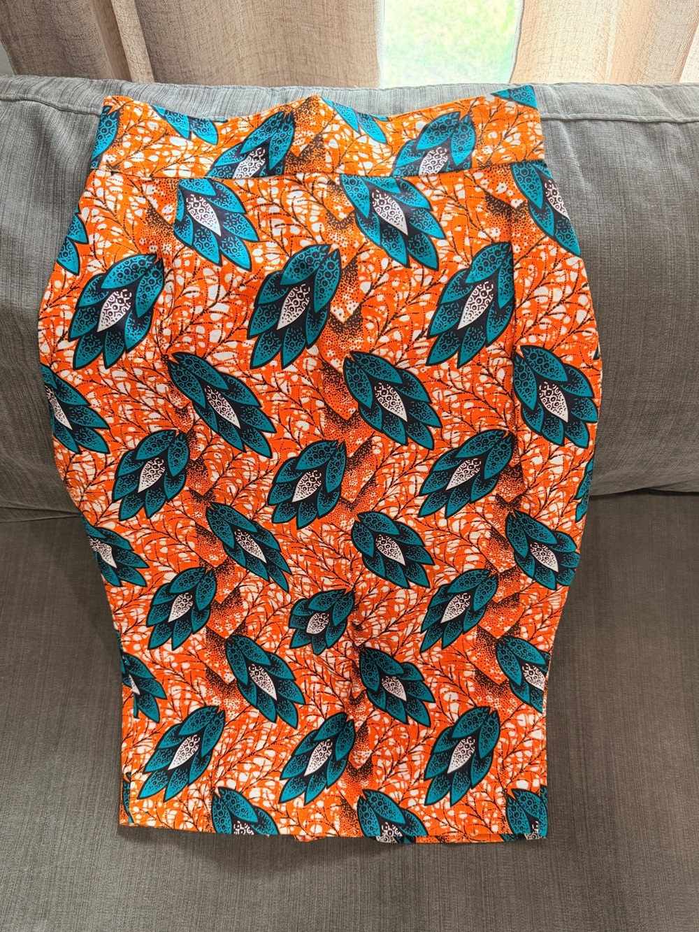 Handmade Ghanaian Wax Print Pencil Skirt | Bright Orange & Teal | Small